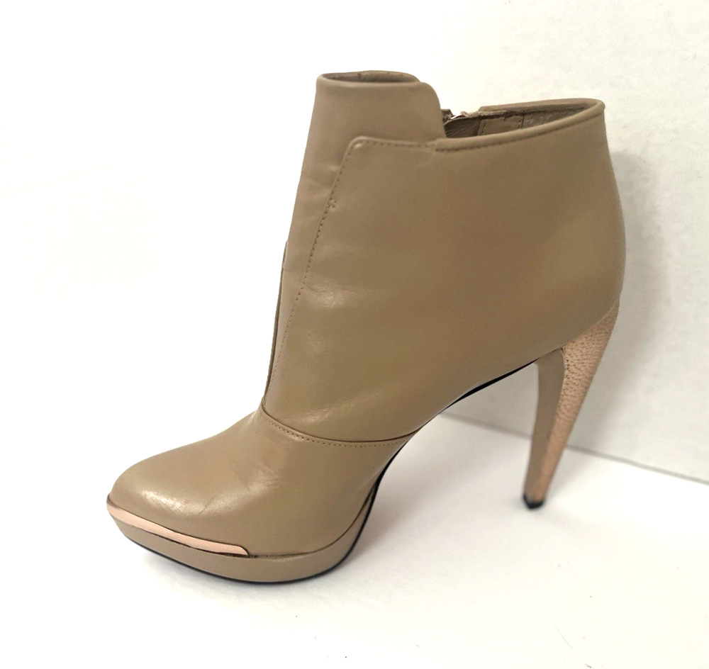 HERVE LEGER SEXY BEIGE ROSE GOLD LEATHER DESIGNER BOOTS W GLITTER HEELS SZ 9.5